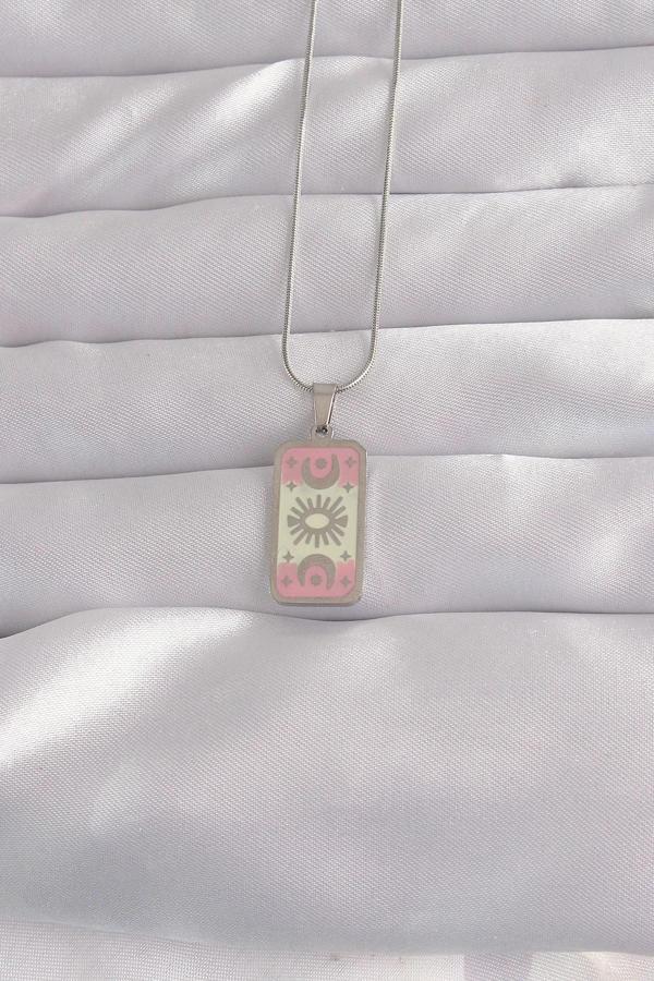 316L Çelik Gümüş Renk Pembe Mineli Ay Figür Tarot Kolye - Image 1