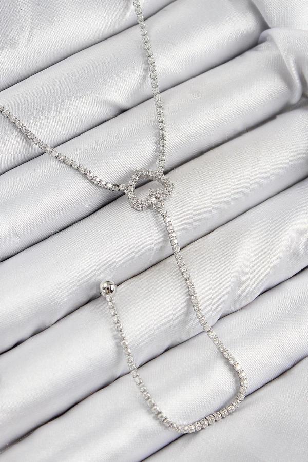 Pirinç Zirkon Taşlı Kalp Model Gümüş Renk  Y Kolye - Image 1