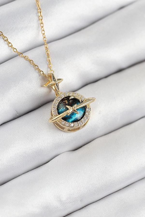316L Çelik Zirkon Taşlı Gezegen Model Gold Renk Kadın Kolye - Image 1