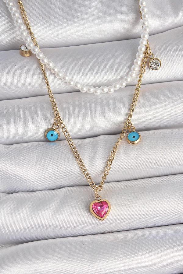 316L Çelik Gold Renk 2'Li İnci Zincir Model Pembe Taşlı Kalp Figür Nazar Boncuk Detay Kadın Kolye - Image 1