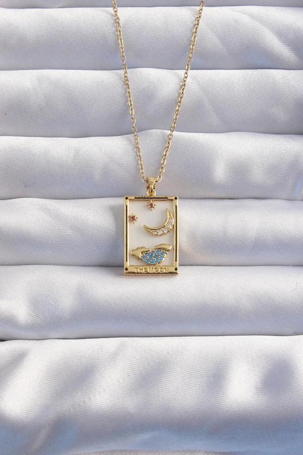 316L Çelik Zincir Gold Renk Ay Detay Mavi Zirkon Taşlı Tarot Kolye - Image 1