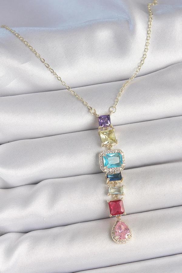 Gold Karışık Renk Zirkon Taşlı Y Pirinç Kolye - Image 1