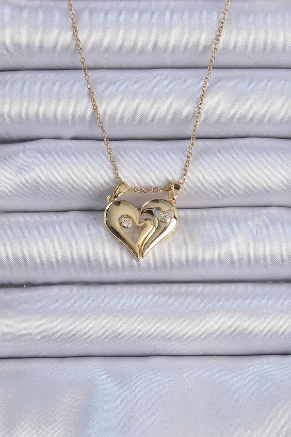 316L Çelik Zincir Altın Renk Zirkon Taşlı Mıknatıslı Kalp Kolye - Image 1