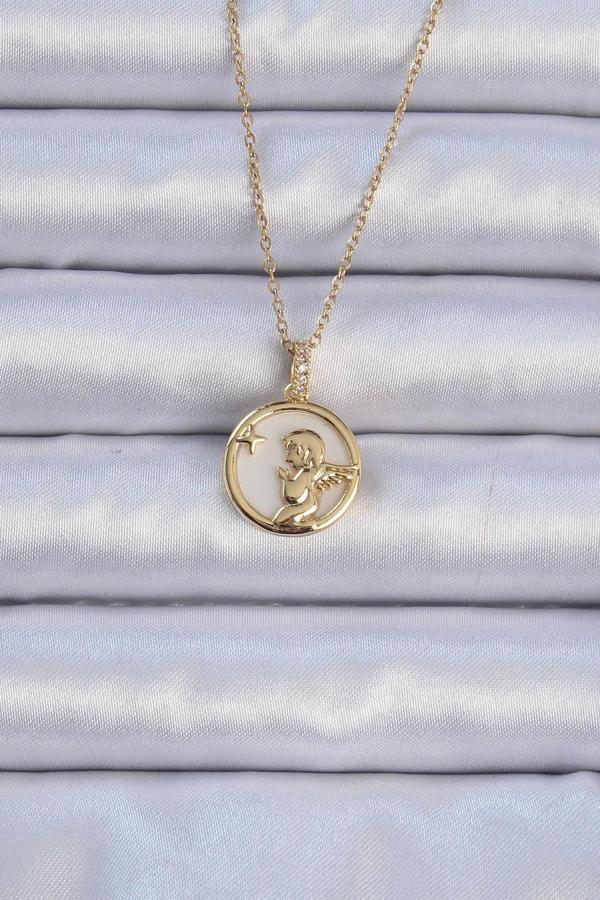 316L Çelik Zincir Altın Renk Zirkon Taşlı Mineli Melek Kolye - Image 1