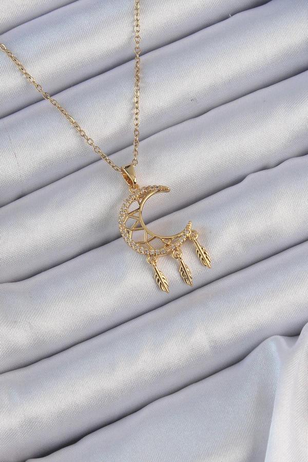 316L Çelik Zincir Altın Renk İşlemeli Zirkon Taşlı Ay Kolye - Image 1