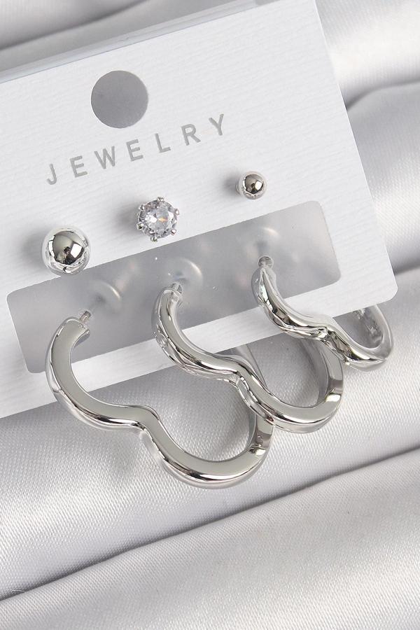 Pirinç Gümüş Renk Kalp Model Zirkon Taş Topçuk Detay Kadın Küpe Seti - Image 1