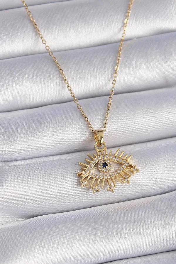316L Çelik Gold Renk Zincir Zirkon Taşlı Göz Figür Kadın Kolye - Image 1