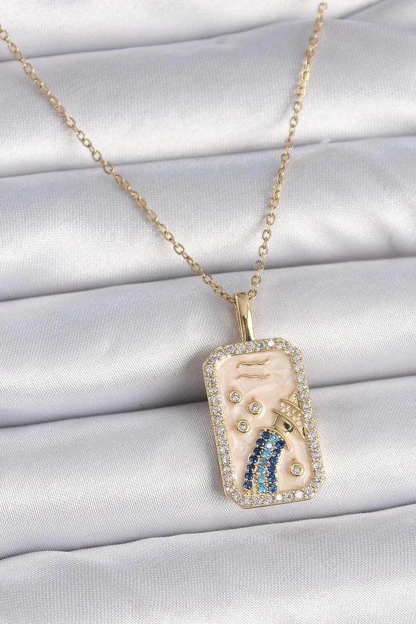 316L Çelik Gold Renk Zincir Kova Burcu Zirkon Taşlı Kadın Kolye - Image 1