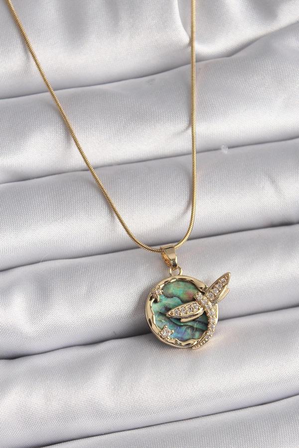 316L Çelik Gold Renk Zincir Zirkon Taşlı Yusufçuk Model Kadın Kolye - Image 1
