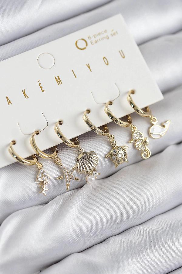 Pirinç Zirkon Taşlı İstiridye Balina Ve Yıldız Gold Renk 6'lı Küpe Set - Image 1