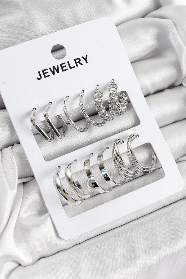 Pirinç Karışık Halka Model Gümüş Renk 6 Çift Kadın Küpe Set - Image 1