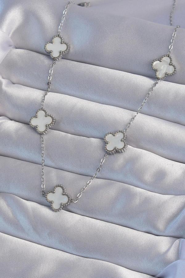 316L Çelik Gümüş Renk Beyaz Sedefli Yonca Kolye - Image 1