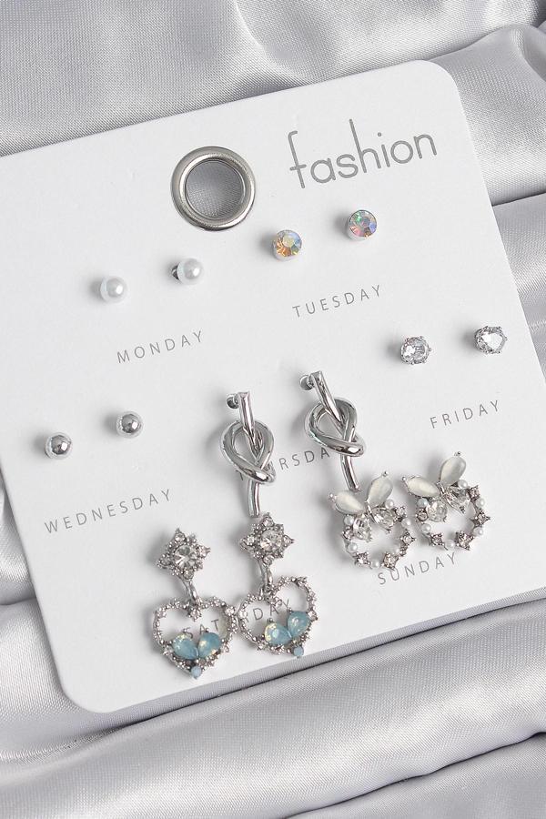 Pirinç Gümüş Renk Sallantı Zirkon Taşlı Kalp Model Düğüm Detay 7 Çift Kadın Küpe Seti - Image 1