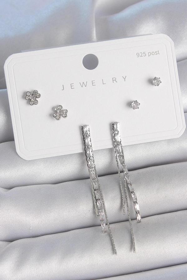 Pirinç Gümüş Renk Su Yolu Zirkon Taşlı Sallantı Model Çiçek Detay 925 Ayar Gümüş Çivi Kadın Küpe Set - Image 1