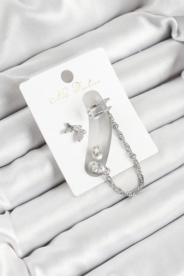 Pirinç Kelebek Figürlü Zirkon Taşlı Gümüş Renk 3'lü Kıkırdak Kadın Küpe Set - Image 1