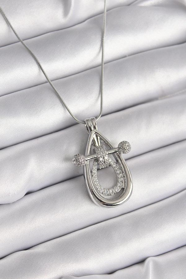 316L Çelik Gümüş Renk Zirkon Taşlı Damla Model Kadın Kolye - Image 1