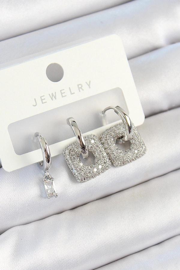 Pirinç Zirkon Taşlı Kare Model Gümüş Renk 3'lü Çift Kadın Küpe Set - Image 1