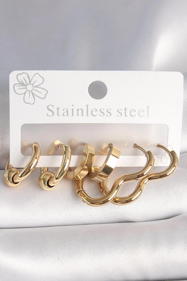 316L Çelik Gold Renk Kalp Halka Model Kadın Küpe Seti - Image 1