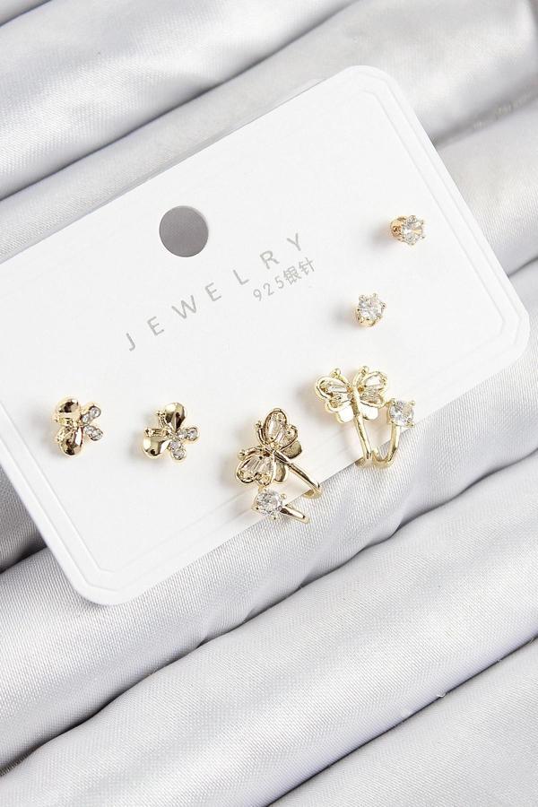 Pirinç Zirkon Taşlı Kelebek Model Gold Renk 925 Ayar Gümüş Çivi Kadın Küpe Set - Image 1