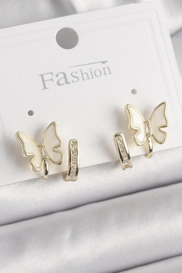 Pirinç Gümüş Renk Zirkon Taş Detaylı Beyaz Sedefli Kelebek Model Kadın Küpe - Image 1