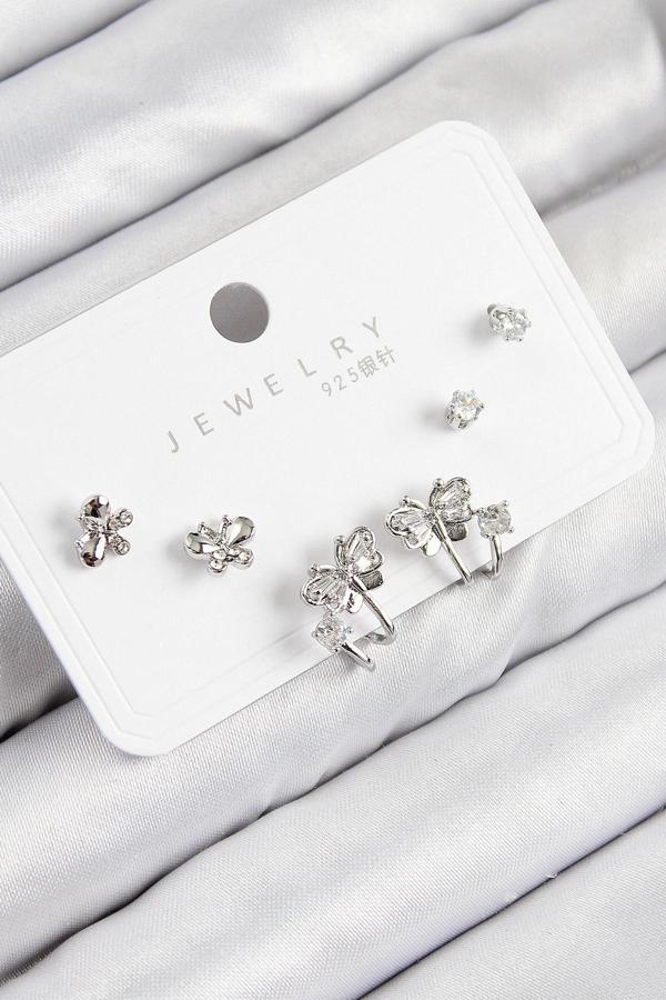 Pirinç Zirkon Taşlı Kelebek Model Gümüş Renk 925 Ayar Gümüş Çivi Kadın Küpe Set - Image 1