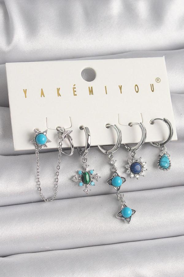 Pirinç Gümüş Renk Zirkon Taş Detaylı Mavi Boncuklu Çiçek Model VIP Seri Kadın Küpe Kombini - Image 1