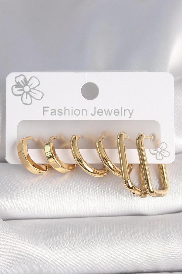 316L Çelik Gold Renk Kare Halka Model Kadın Küpe Seti - Image 1