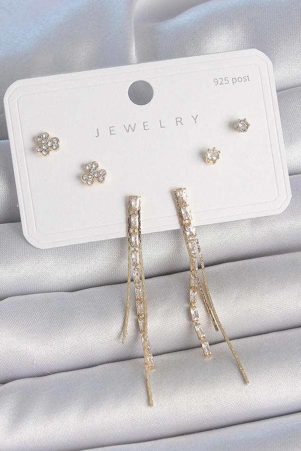 Pirinç Gold Renk Su Yolu Zirkon Taşlı Sallantı Model Çiçek Detay 925 Ayar Gümüş Çivi Kadın Küpe Seti - Image 1