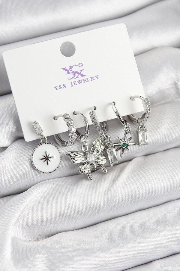 Pirinç Zİrkon Taşlı Kelebek ve Yıldız Model Gümüş Renk 3'lü Çift Kadın Küpe - Image 1