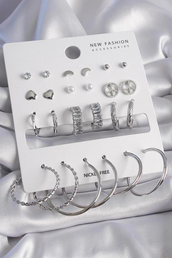 Pirinç Gümüş Renk Zirkon Taşlı 12 Çift Kadın Küpe Seti - Image 1