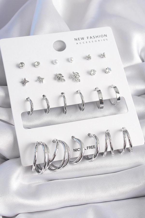 Pirinç Gümüş Renk Zirkon Taşlı 12 Çift Küpe Seti - Image 1