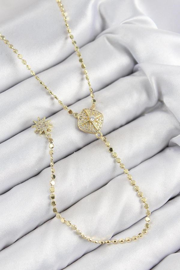 Pirinç Zirkon Taşlı Ezme Zincirli Madalyon Model Gold Renk Y Kolye - Image 1