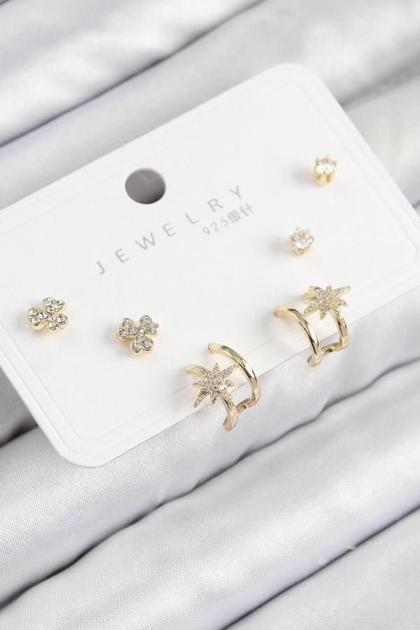 Pirinç Zirkon Taşlı Kutup Yıldızı Model Gold Renk 925 Ayar Gümüş Çivi Kadın Küpe Set - Image 1