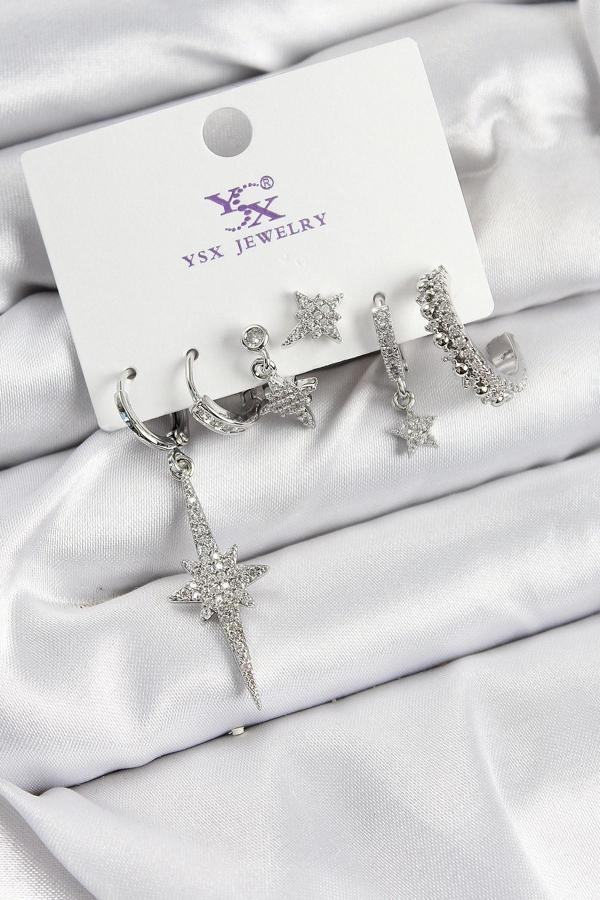 Pirinç Zİrkon Taşlı Kutup Yıldızı Model Gümüş Renk 3'lü Çift Kadın Küpe - Image 1