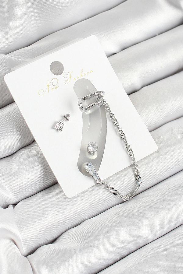 Pirinç Ok Figürlü Zirkon Taşlı Gümüş Renk 3'lü Kıkırdak Kadın Küpe Set - Image 1