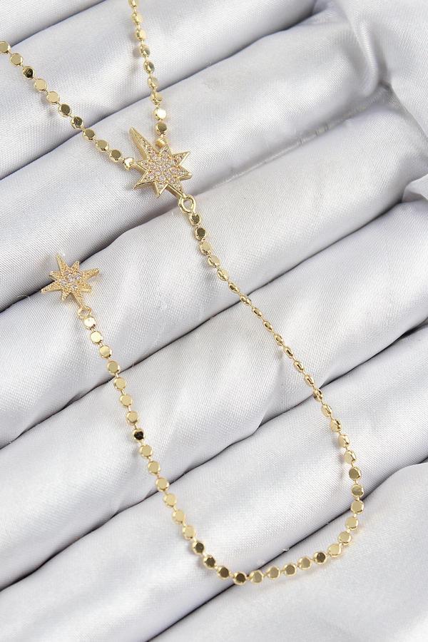 Pirinç Zirkon Taşlı Ezme Zincirli Kutup Yıldızı Model Gold Renk Y Kolye - Image 1