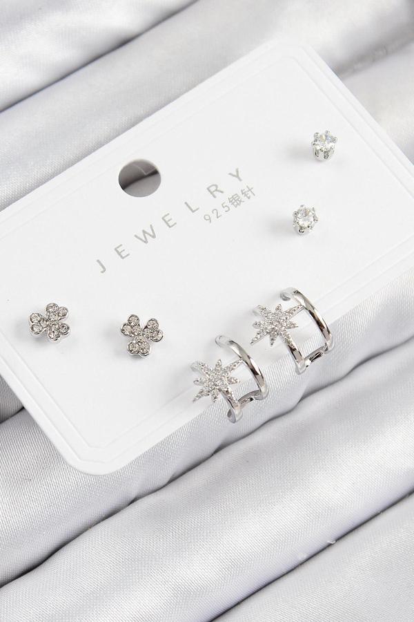 Pirinç Zirkon Taşlı Kutup Yıldızı Model Gümüş Renk 925 Ayar Gümüş Çivi Kadın Küpe Set - Image 1