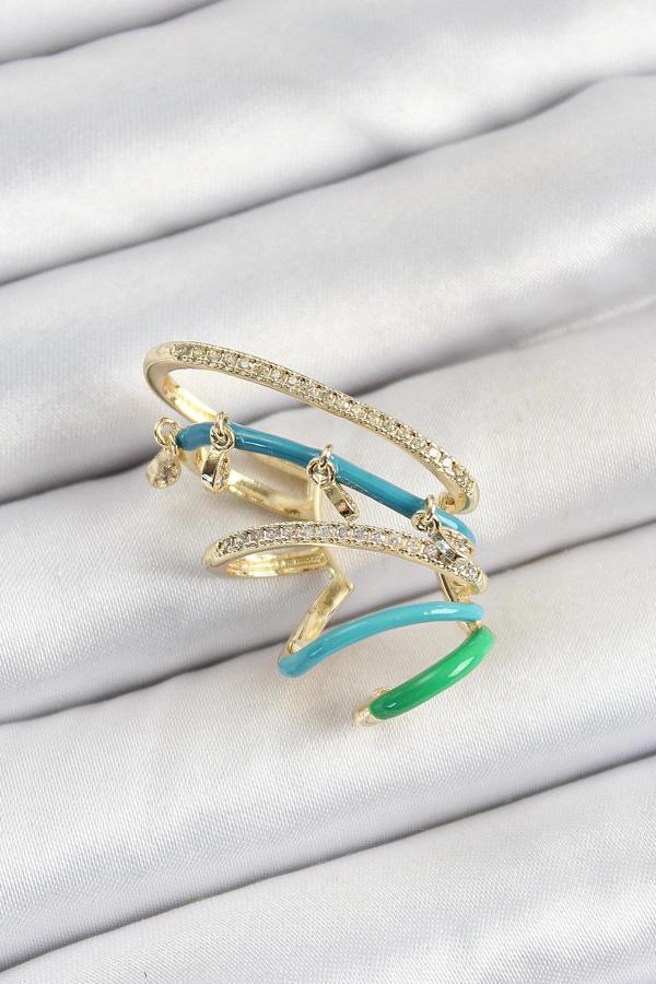 Pirinç Zirkon Taşlı Mavi Yeşil Sıkıştırma Sağ Kıkırdak Gold Renk Kadın Küpe - Image 1