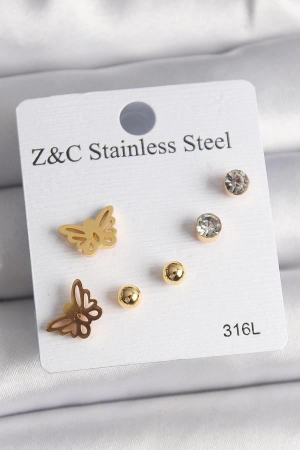 316L Çelik Gold Renk Zirkon Taşlı Kelebek Figür Kadın Küpe Seti - Image 1