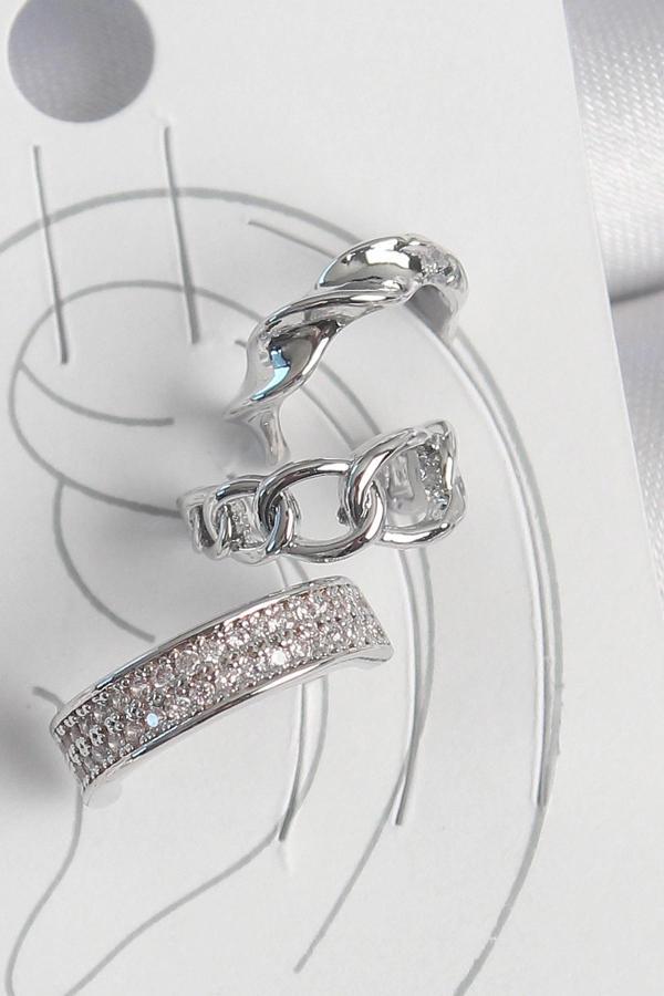 Pirinç Gümüş Renk Zirkon Taşlı 3'Lü Zincir Sarmal Model Kadın Kıkırdak Küpe - Image 1