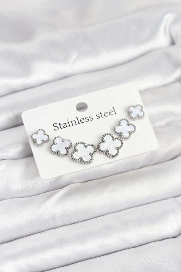 316L Çelik Gümüş Beyaz Renk 3 Boy Yonca Küpe Seti - Image 1