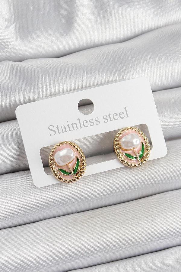 Pirinç Pembe Mineli Lale Figürlü Sanatsal Portre Model Gold Renk Kadın Küpe - Image 1