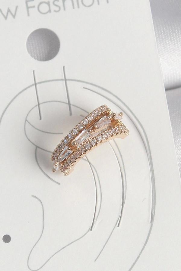 Pirinç Gold Renk Zirkon Taşlı 3'Lü Sıralı Model Kadın Kıkırdak Küpe - Image 1