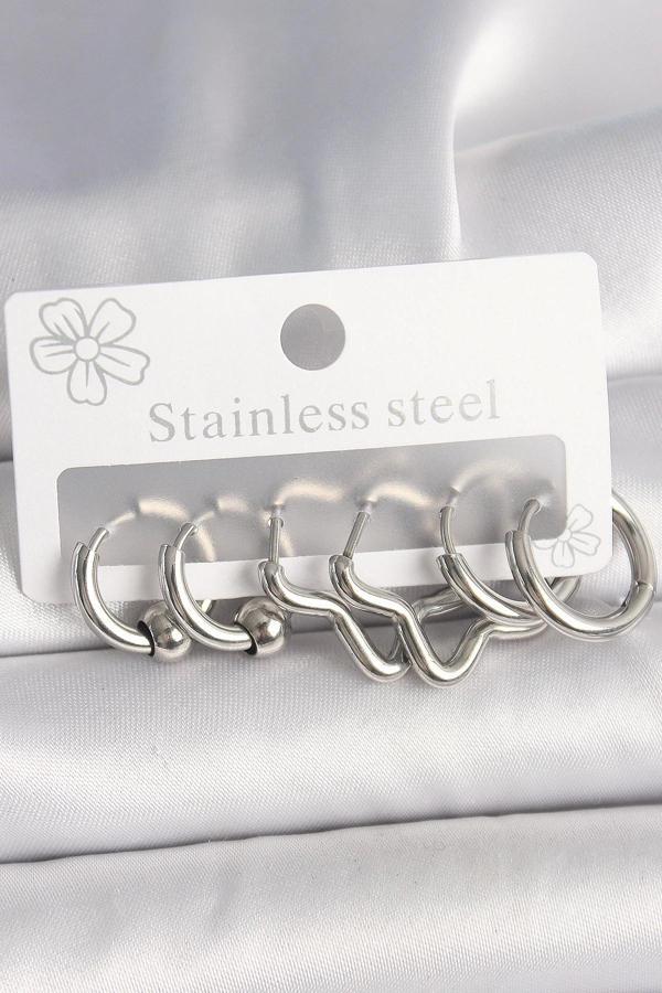 316L Çelik Gümüş Renk Halka Yıldız Model Kadın Küpe Seti - Image 1