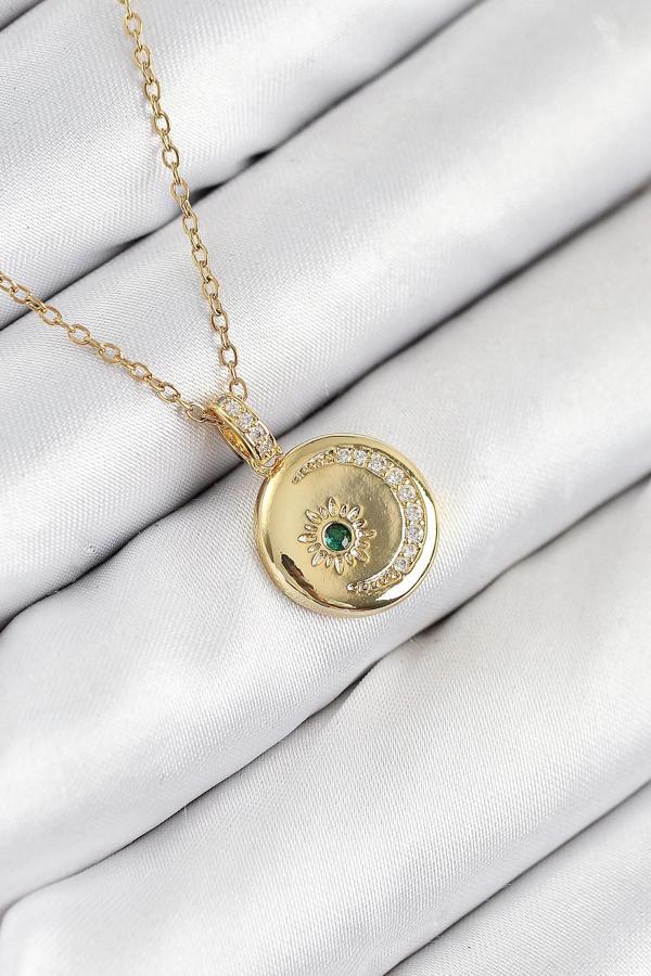 316L Çelik Zirkon Taşlı Ay Ve Güneş Model Gold Renk Kadın Kolye - Image 1