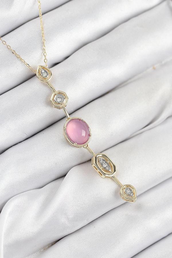 Pirinç Zincir Pembe Gold Renk Zirkon Taşlı Y Kolye - Image 1