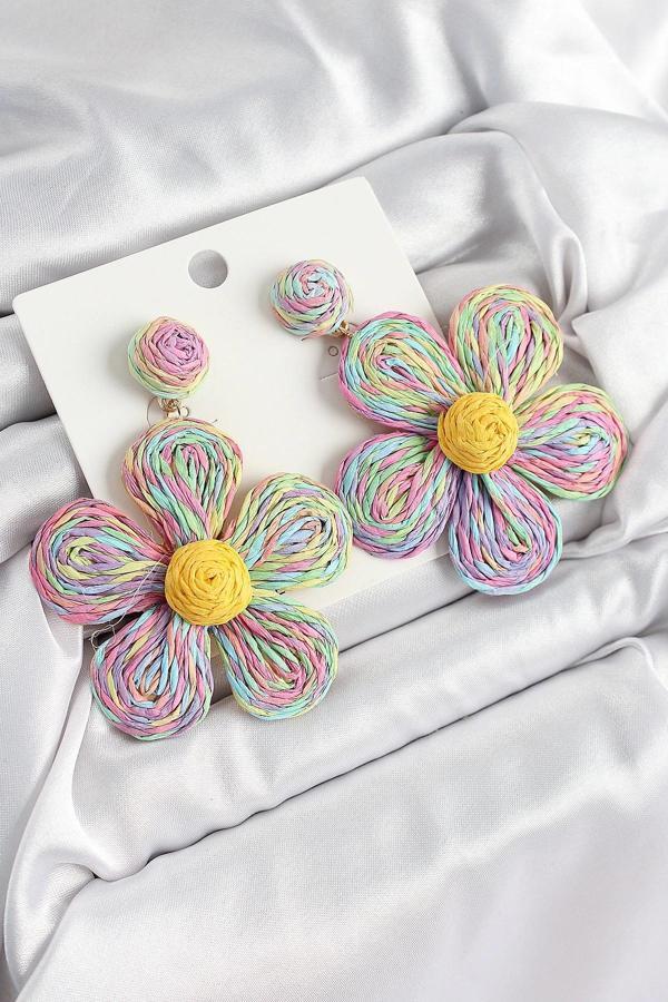 Pirinç Rainbow Papatya Model Gold Renk Kadın Hasır Küpe - Image 1