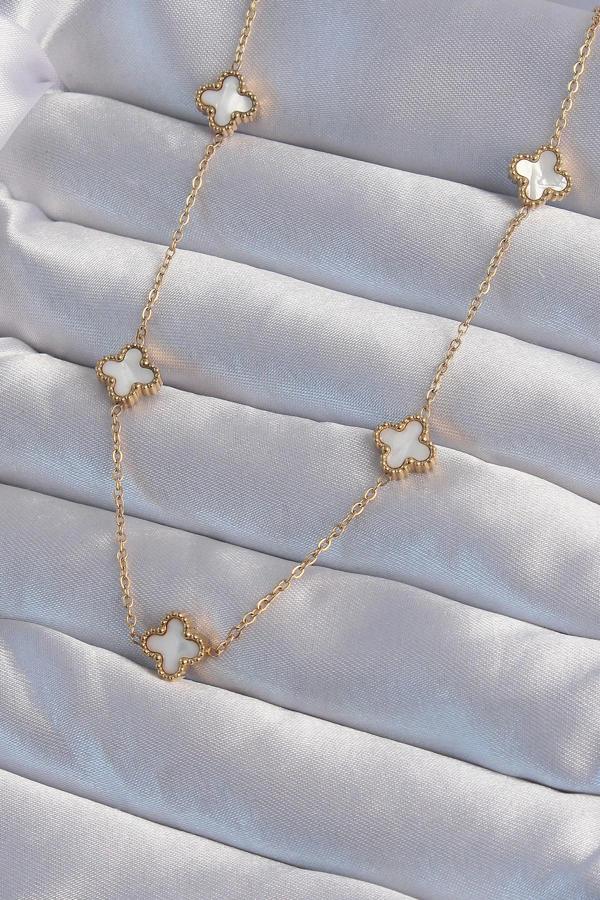 316L Çelik Gold Renk Minimal Beyaz Sedefli Yonca Kolye - Image 1