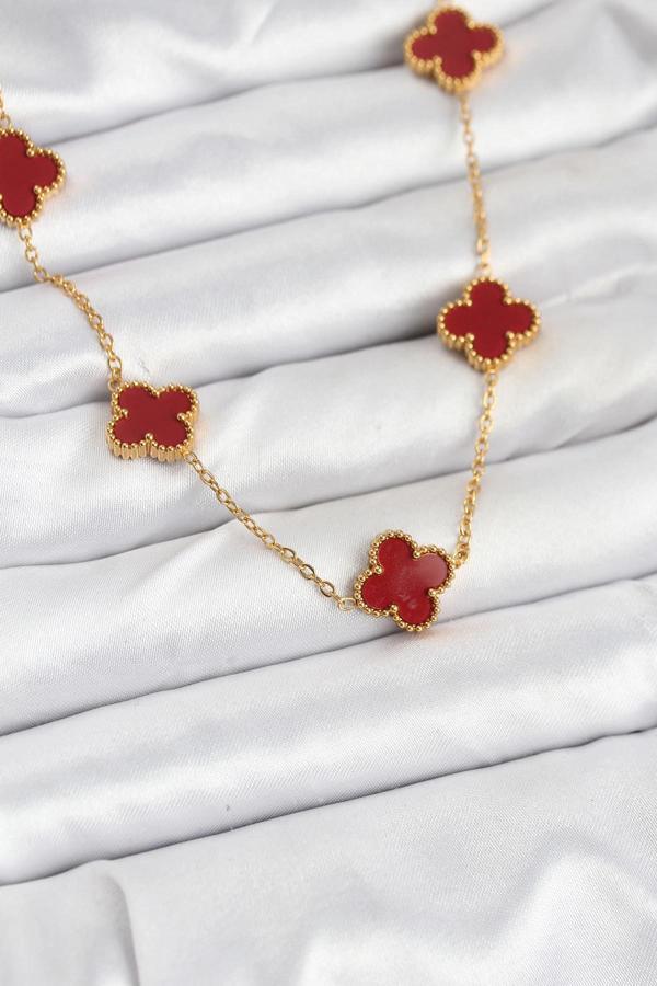 316L Çelik Gold Renk Zincir Bordo Yonca Kadın Kolye - Image 1