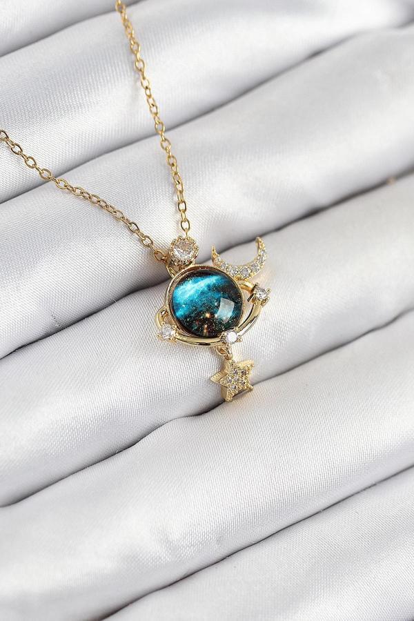 316L Çelik Zirkon Taşlı Gezegen Model Gold Renk Kadın Kolye - Image 1